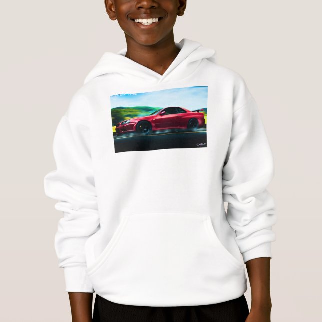 2000's sports car on boys white sweater hoodie (Front)