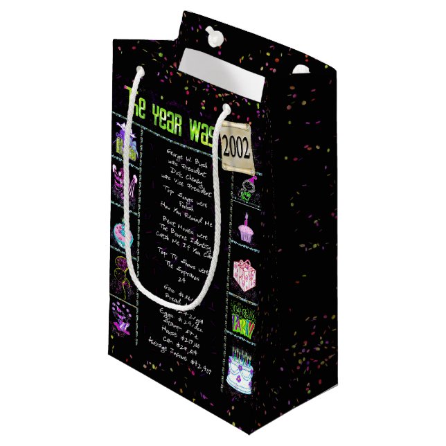 2002 Birth Year Trivia on Black Small Gift Bag (Front Angled)