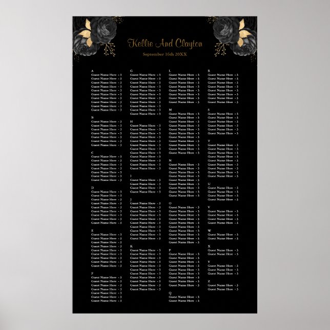 200 Black And Gold Floral Wedding Seating Chart (Front)
