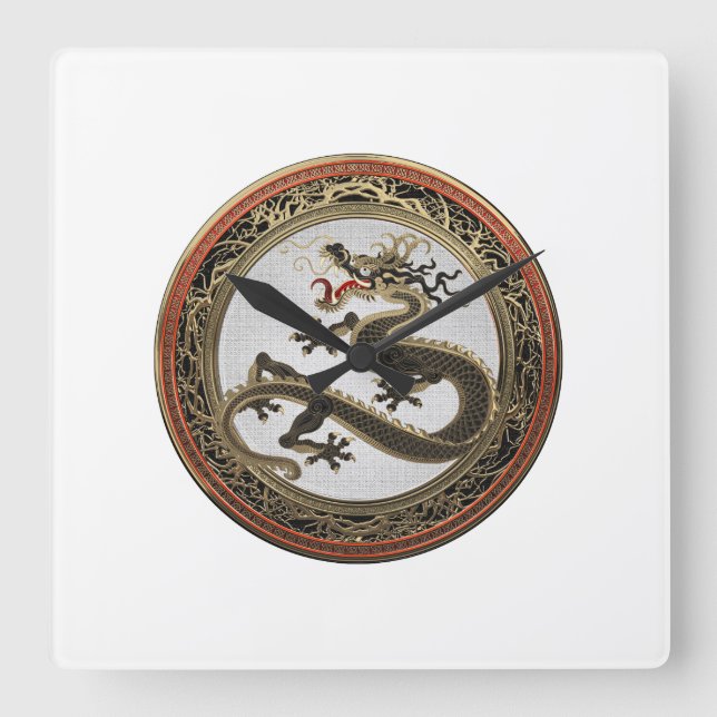[200] Black and Gold Sacred Eastern Dragon Square Wall Clock (Front)