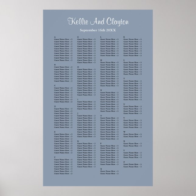 200 Blue Simple Wedding Seating Chart (Front)