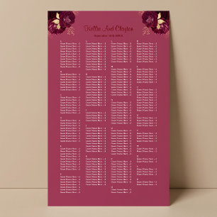 200 Burgundy And Gold Floral Wedding Seating Chart