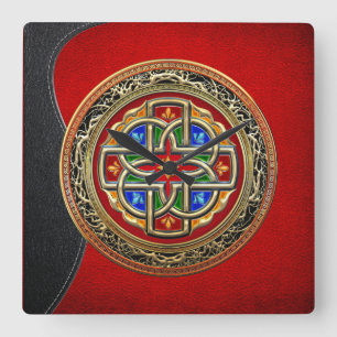 [200] Celtic Cross [Gold+Enamel] Square Wall Clock