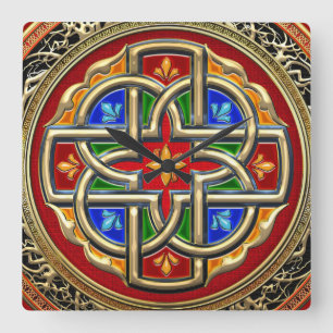 [200] Celtic Cross [Gold+Enamel] Square Wall Clock
