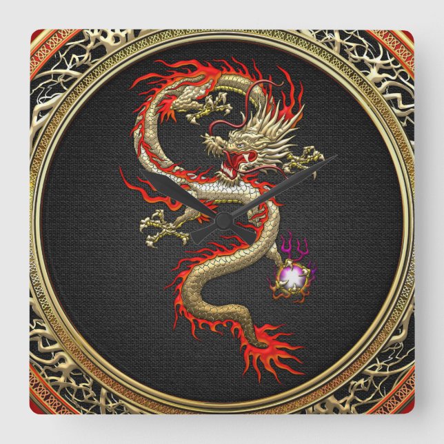 [200] Golden Chinese Dragon Fucanglong Square Wall Clock (Front)