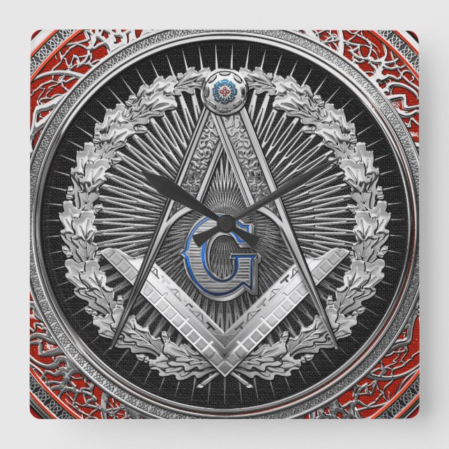 [200] Master Mason - Silver Square & Compasses Square Wall Clock (Front)