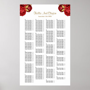 200 Red And Gold Floral Wedding Seating Chart