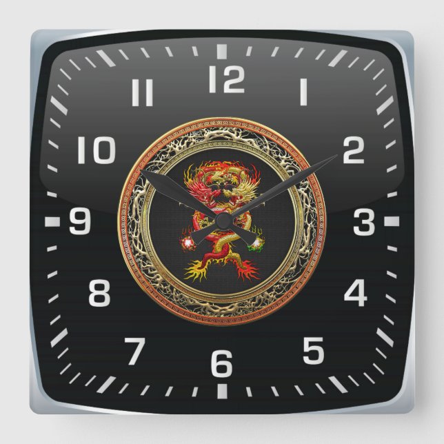[200] Red and Yellow Dragons Square Wall Clock (Front)