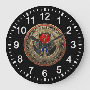 [200] Sacred Gold Egyptian Winged Scarab with Ankh Large Clock