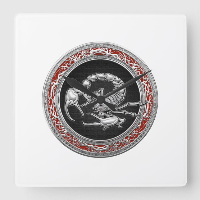 [200] Sacred Silver Scorpion on Black Square Wall Clock (Front)