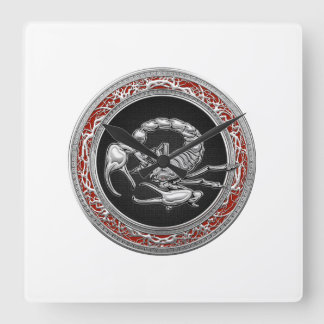 [200] Sacred Silver Scorpion on Black Square Wall Clock