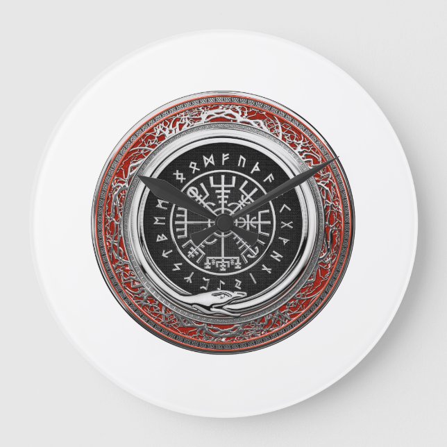 [200] Vegvisir - Viking Silver Magic Runic Compass Large Clock (Front)