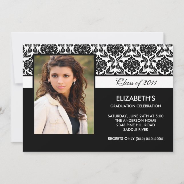 2011 Black Damask Photo Graduation Invitation (Front)