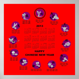 2013 Chinese Zodiac Happy New Year Calendar Rd Bg Poster