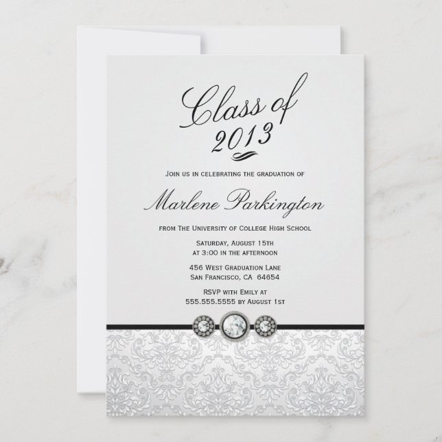 2013 Elegant silver damask graduation party invite (Front)