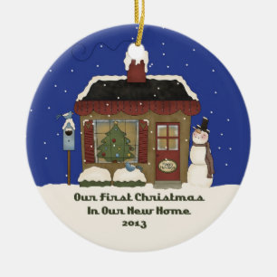 2013 New Home Christmas Snowman Cabin Ceramic Ornament
