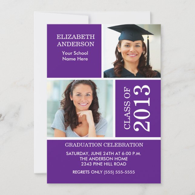 2013 Photo Graduation Invitation Purple & White (Front)