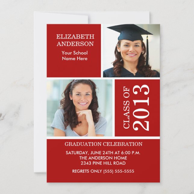 2013 Photo Graduation Invitation Red & White (Front)