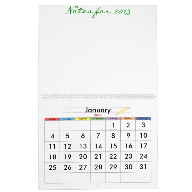 2013 School Calendar With Lots of Space for Notes (Jan 2026)