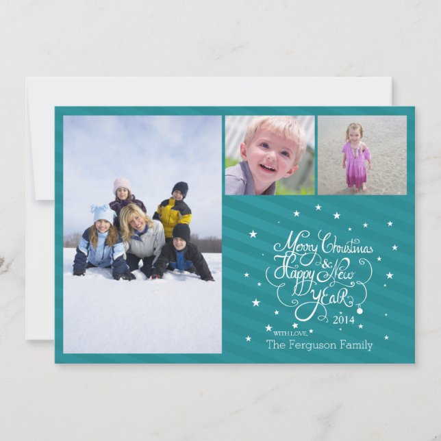 2014 3 photo Christmas holiday card blue stripes (Front)