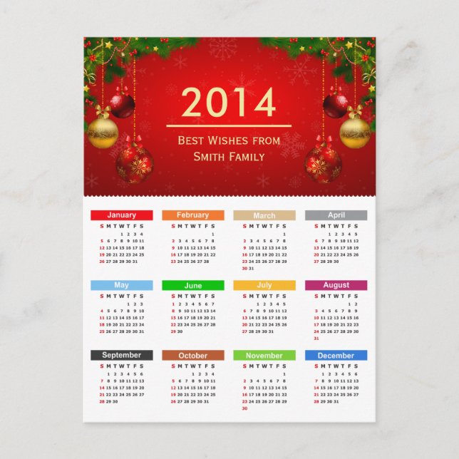 2014 Calendar with Best Wishes Custom Text Postcard (Front)