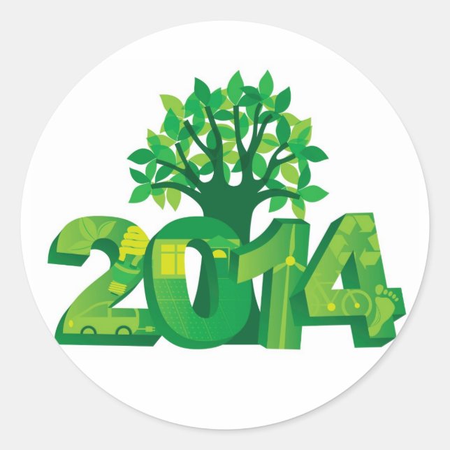 2014 New Year Numerals Go Green Symbols with Tree Classic Round Sticker (Front)