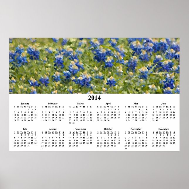 2014 Painted Bluebonnets Wall Calendar Poster (Front)