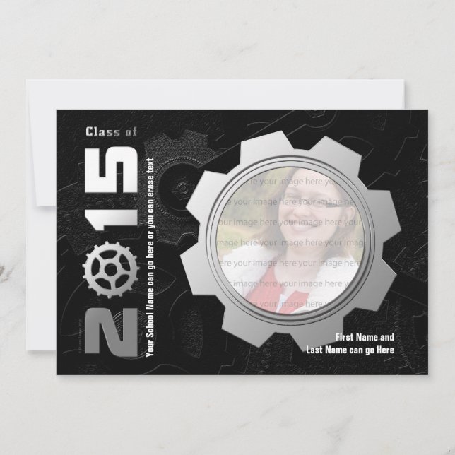 2015 Black and Silver Gear Graduation Invitation (Front)