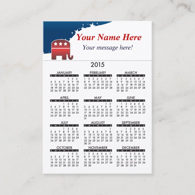 2015 Business Card Calendar Elephant Republican (Front)