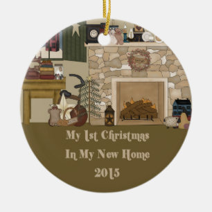 2015 New Home Christmas Primitive Fireplace Ceramic Ornament