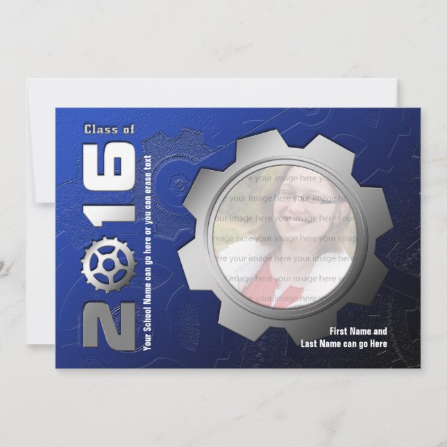 2016 Blue and Silver Gear Graduation Invitation (Front)