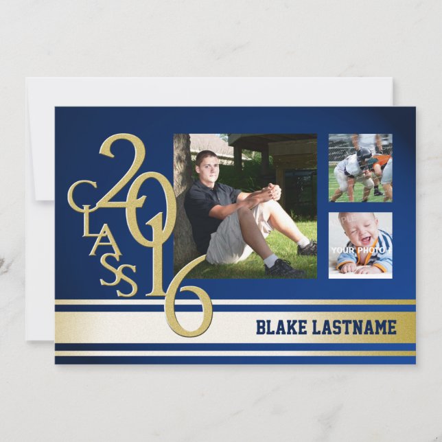 2016 Gold Varsity Stripe Graduate Tri Photo Blue Invitation (Front)