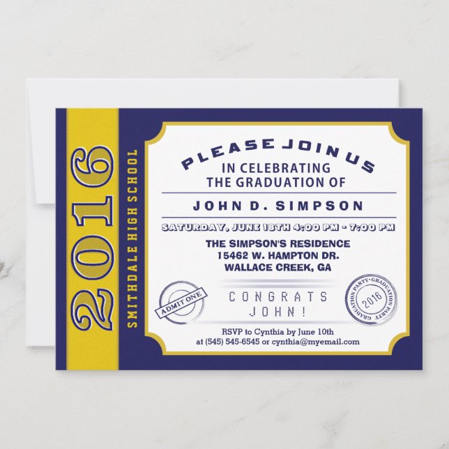 2016 Navy Blue & Gold Ticket Graduation Invitation (Front)