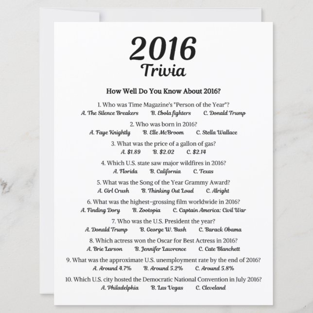 2016 Trivia Game | 10th Birthday Party Game (Front)
