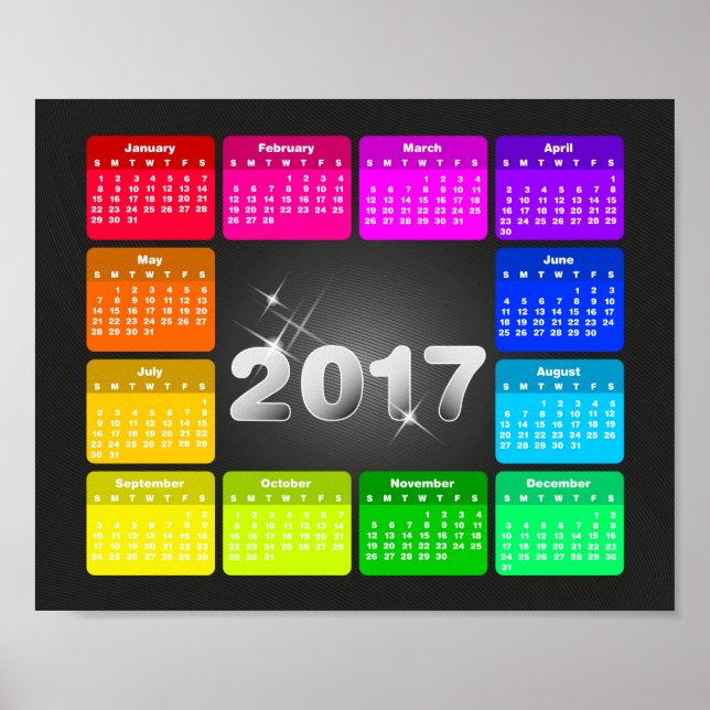 2017 Calendar in bright rainbow colours Poster (Front)