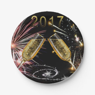 2017 Champagne Glasses and Fireworks Paper Plate