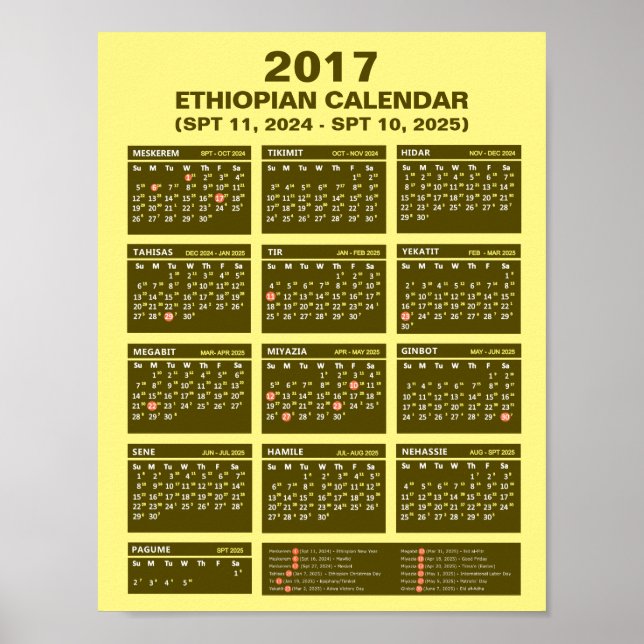 2017 Ethiopian Calendar for year 2024 and 2025  Poster (Front)