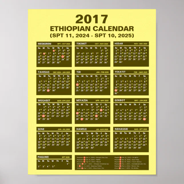 2017 Ethiopian Calendar for year 2024 and 2025 Poster Zazzle