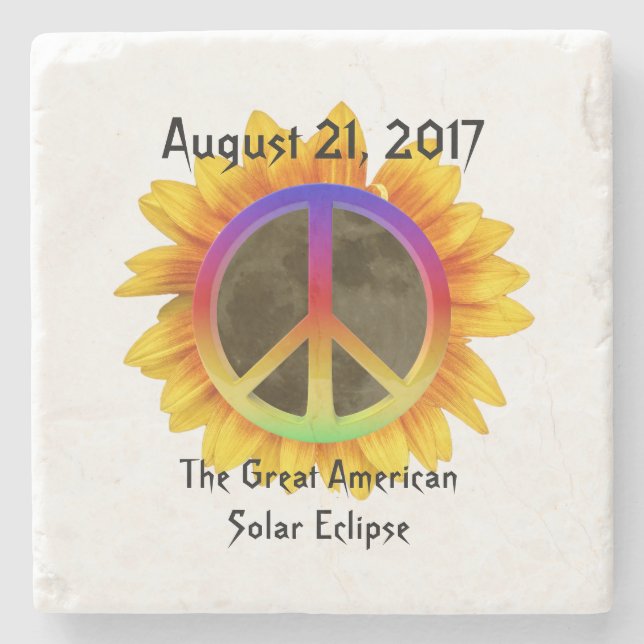 2017 Solar Eclipse, Sunflower and Peace Symbol Stone Coaster (Front)