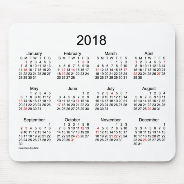 2018 Black and White Holiday Calendar by Janz Mouse Pad (Front)