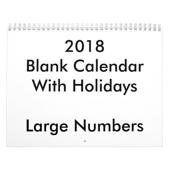 2018 Blank Calendar With Holidays Large Numbers (Cover)