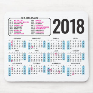 2018 Calendar Mousepad with U.S. Holidays