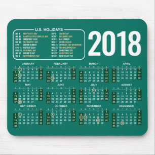 2018 Calendar Mousepad with US Holidays in Green