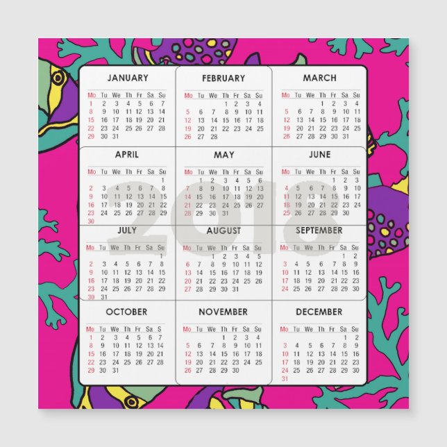 2018 Calendar Square Magnetic Fish and Coral (Front)