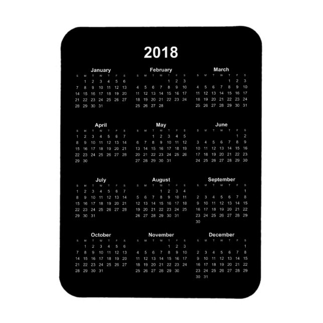 2018 Calendar - White Text w/ Black Background Magnet (Vertical)