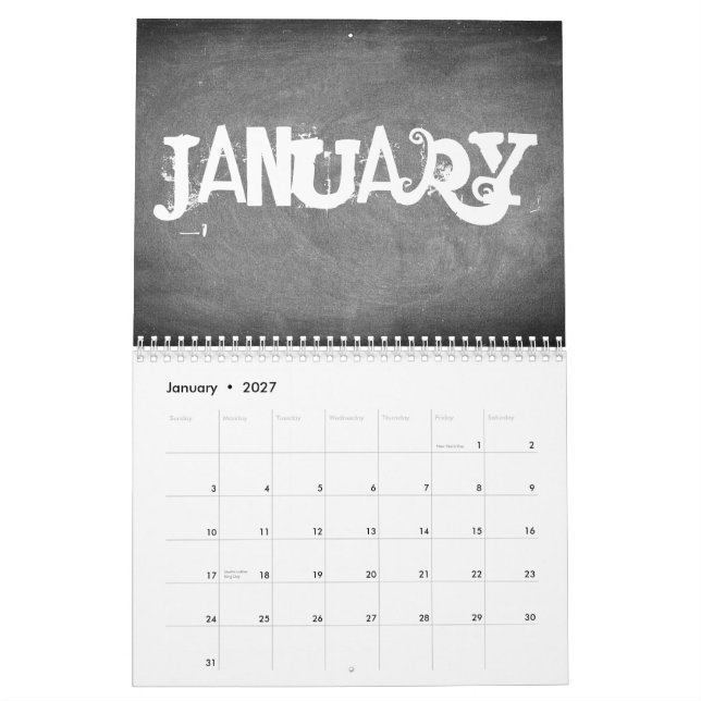 2018 Chalkboard Calendar Black and White Text (Jan 2027)