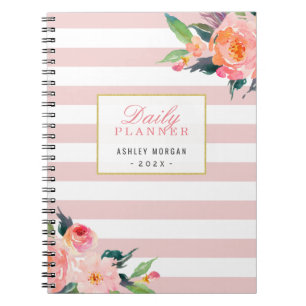 2018 Daily Planner   Girly Pink Stripes Floral Notebook