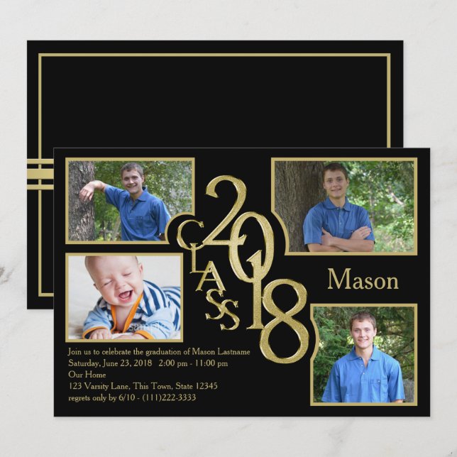 2018 Graduation Class of Quad Photo Black Invitation (Front/Back)