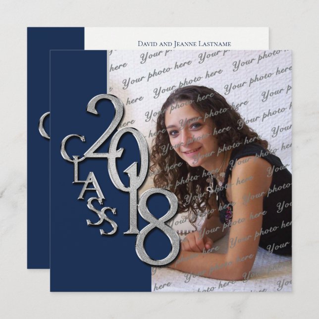 2018 Graduation Navy Blue and Silver Invitation (Front/Back)
