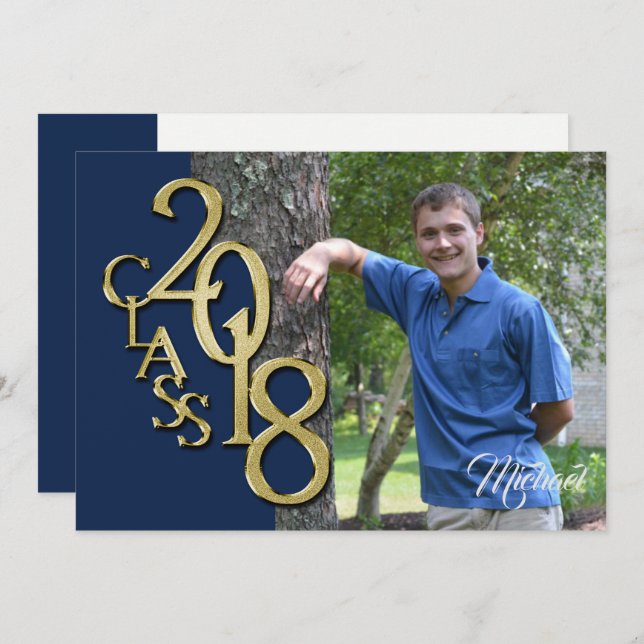 2018 Graduation Photo Navy Blue and Gold Invitation (Front/Back)